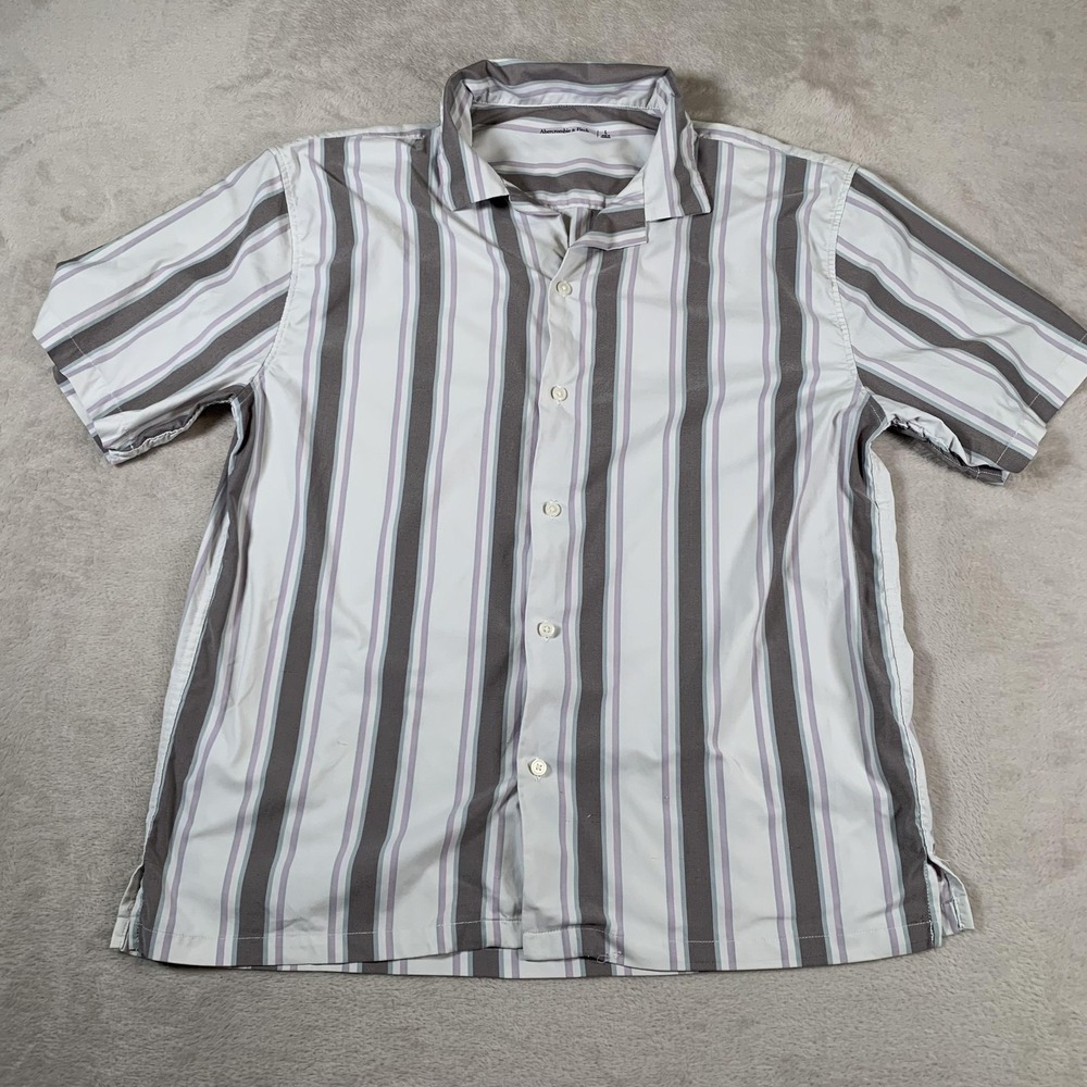 Abercrombie & Fitch Shirt Fits Mens M Gray White‎ Stripe Button Up Short Sleeve